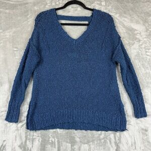 Hollister V-Neck Sweater Women's M Blue Cotton Blend Open Knit Back Detail